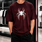 Premium Spider Web Graphic Drop Shoulder Maroon T-Shirt - Oversized PC Fabric Tee