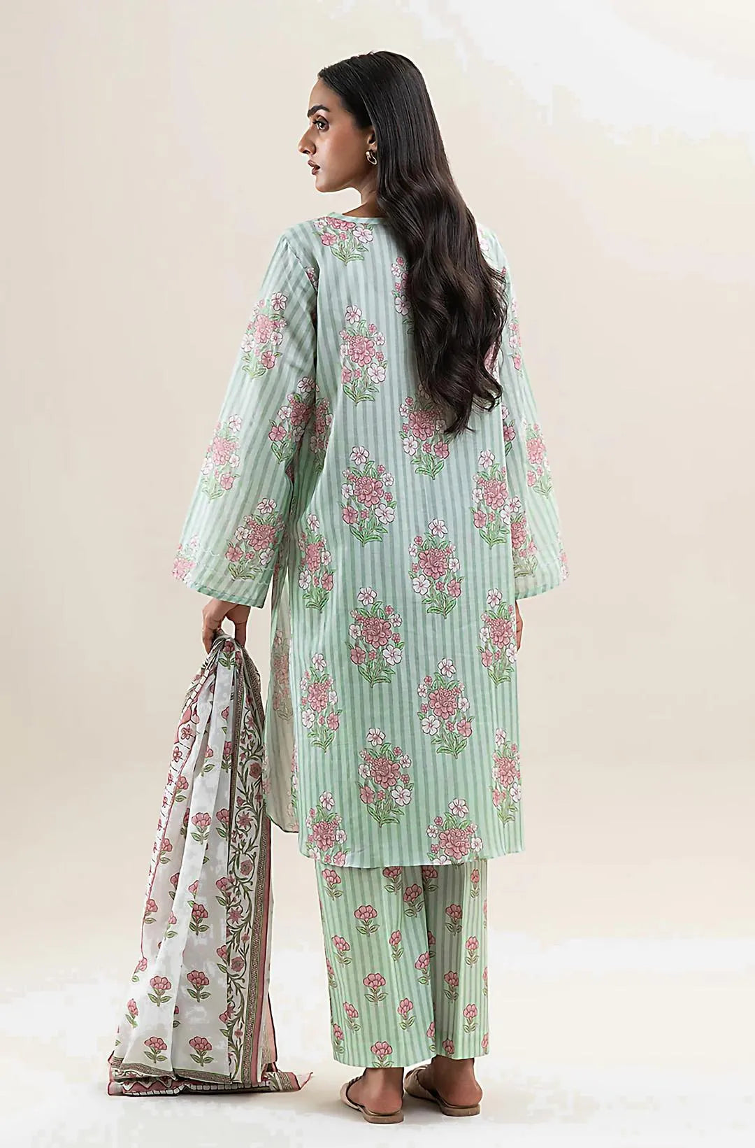Green Printed 3-Piece Dobby Lawn Suit Set