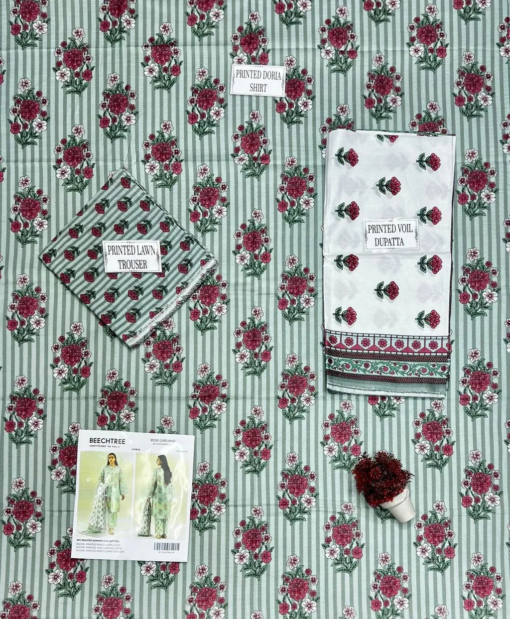 Green Printed 3-Piece Dobby Lawn Suit Set