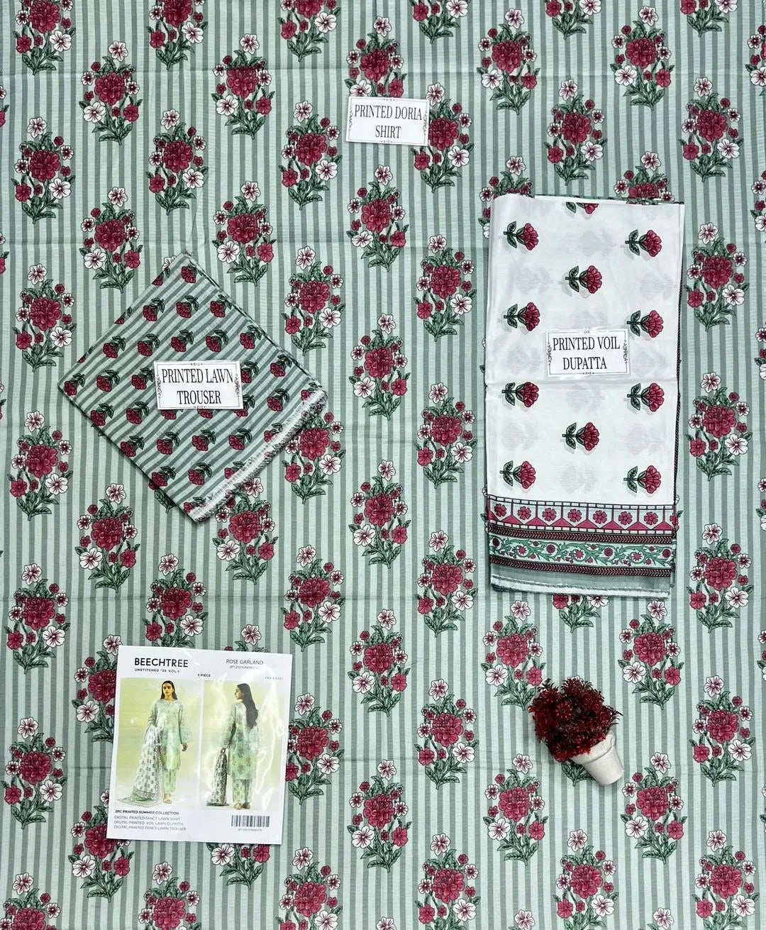 Green Printed 3-Piece Dobby Lawn Suit Set