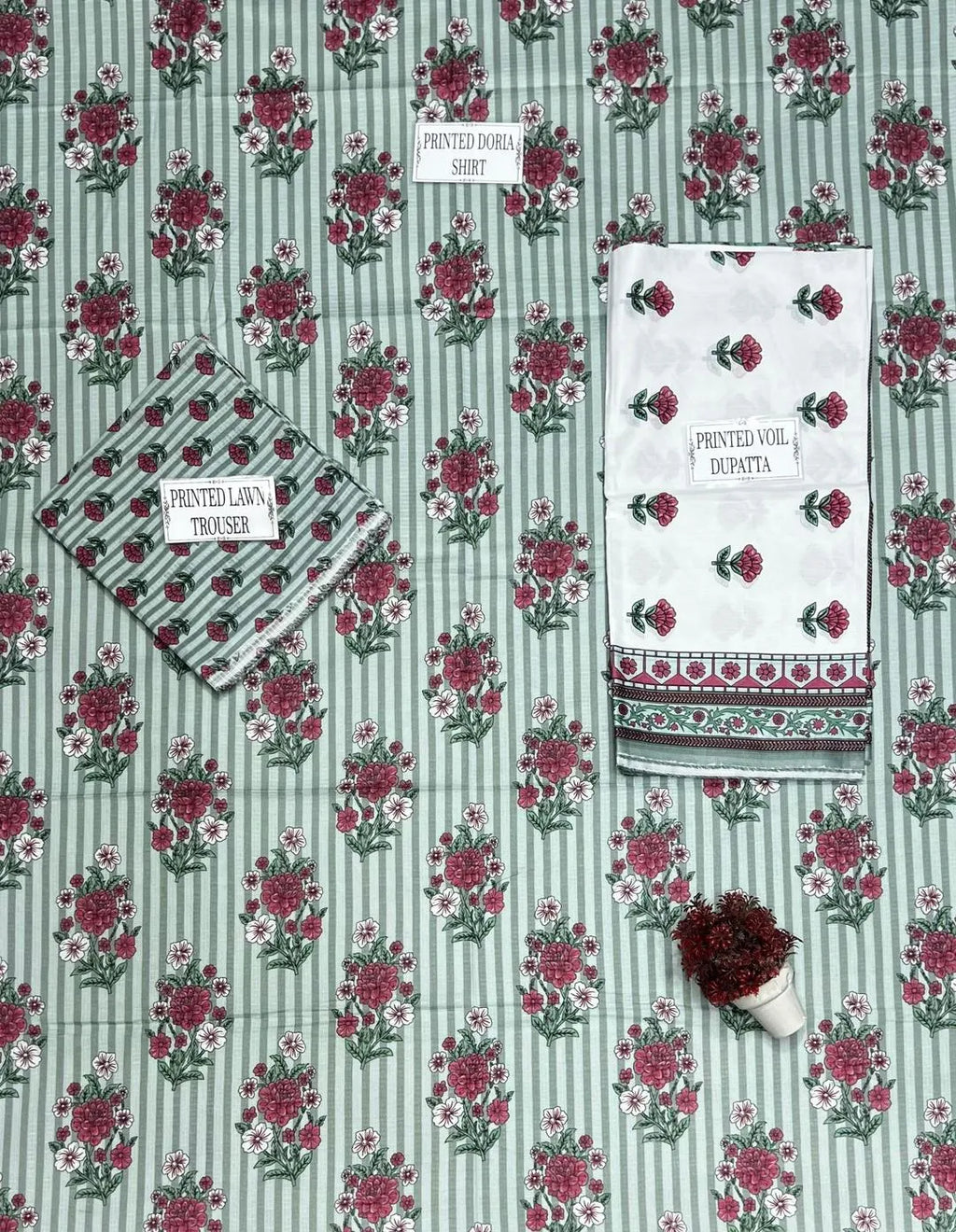 Green Printed 3-Piece Dobby Lawn Suit Set