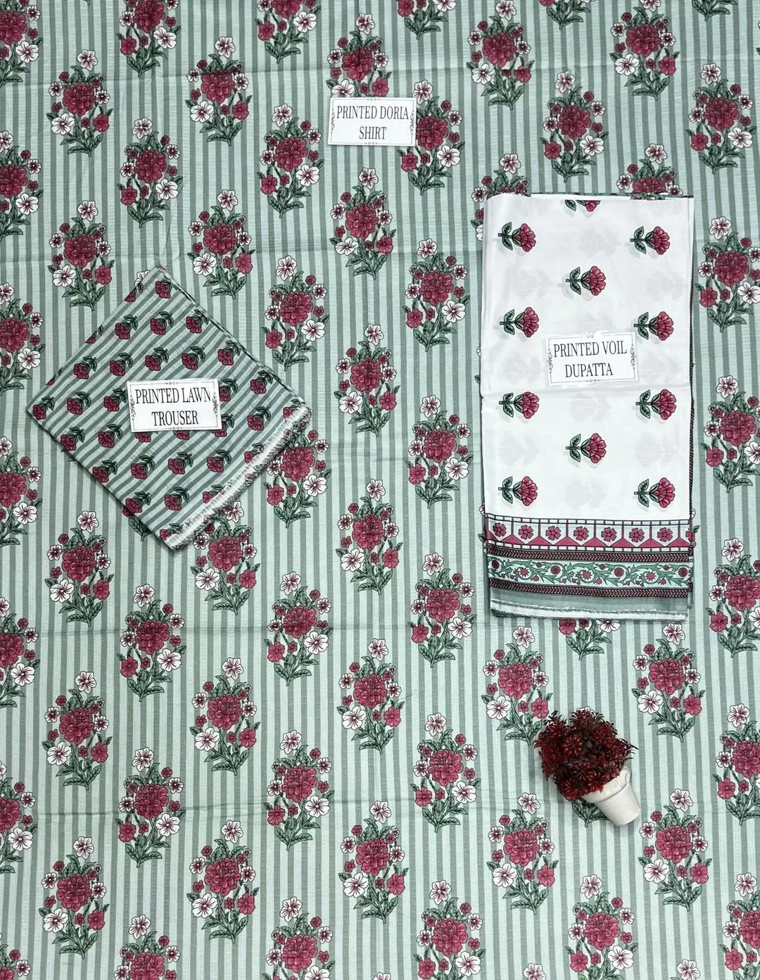 Green Printed 3-Piece Dobby Lawn Suit Set