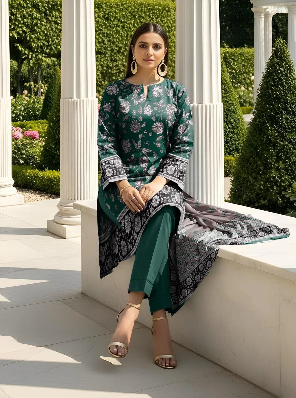 Pakistani Printed Lawn Suit Green Embroidered
