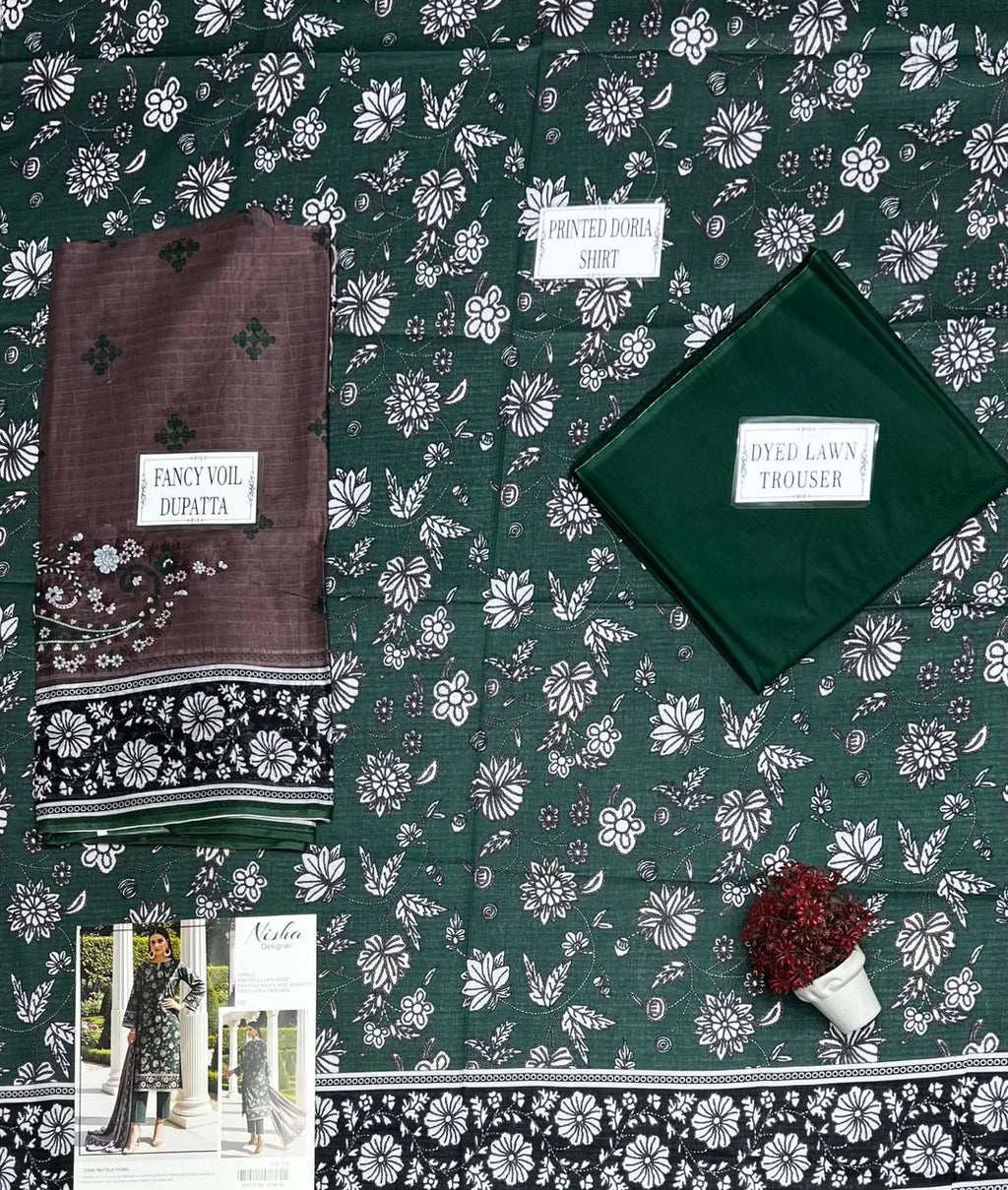 Pakistani Printed Lawn Suit Green Embroidered