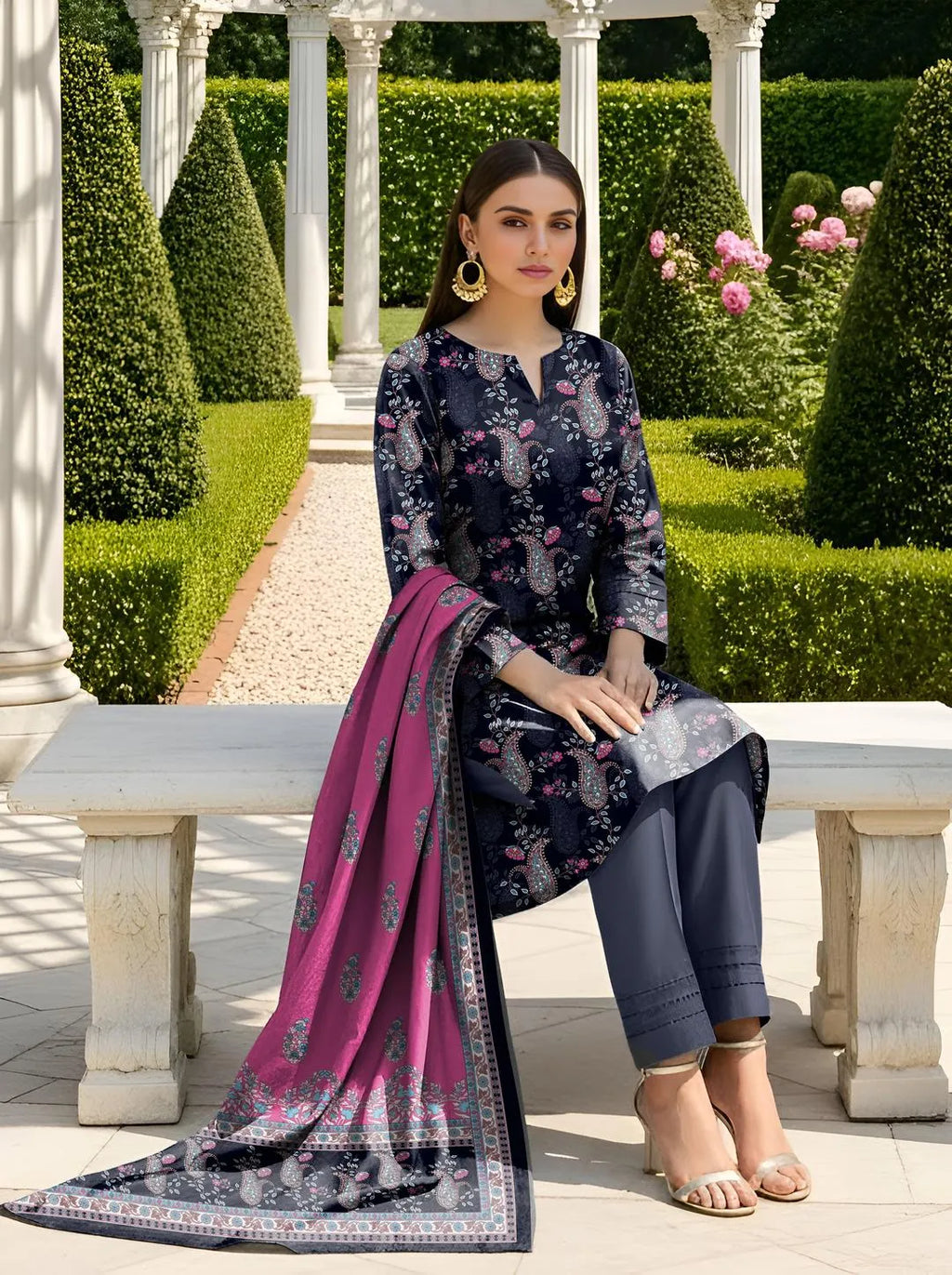 Blue Printed Dobby Lawn 3Pcs Women Suit Set