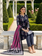 Blue Printed Dobby Lawn 3Pcs Women Suit Set