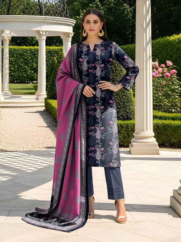 Blue Printed Dobby Lawn 3Pcs Women Suit Set