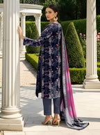 Blue Printed Dobby Lawn 3Pcs Women Suit Set