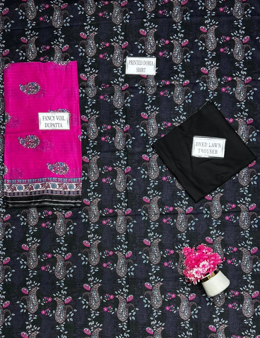 Blue Printed Dobby Lawn 3Pcs Women Suit Set