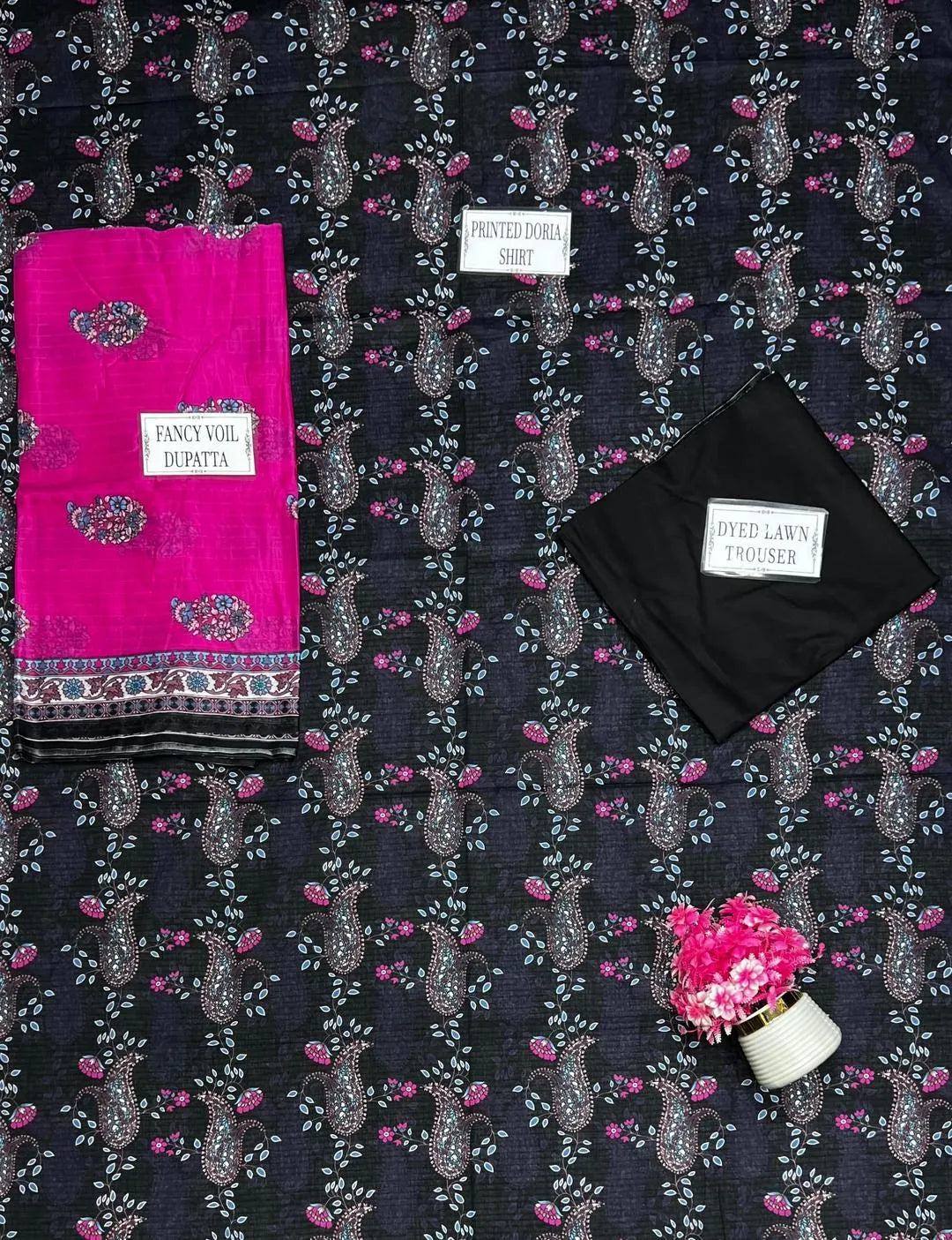 Blue Printed Dobby Lawn 3Pcs Women Suit Set