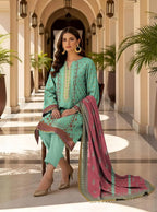 Pakistani Women's Teal Embroidered Kurta Set with Pink Dupatta