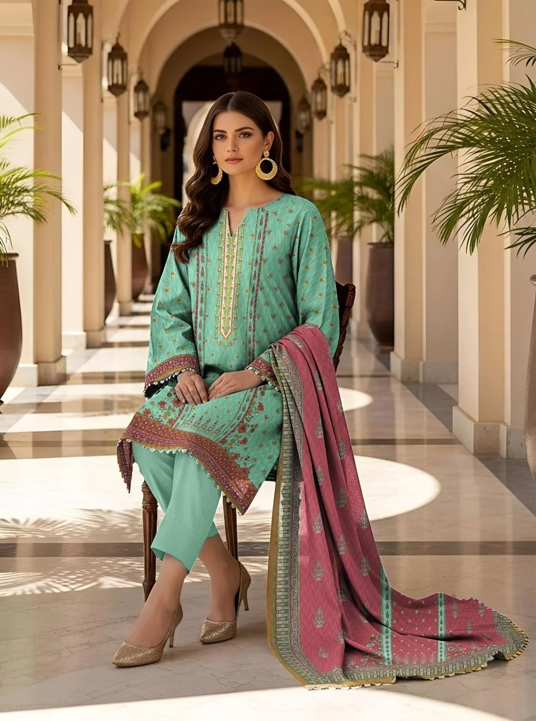 Pakistani Women's Teal Embroidered Kurta Set with Pink Dupatta