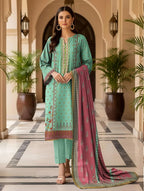 Pakistani Women's Teal Embroidered Kurta Set with Pink Dupatta
