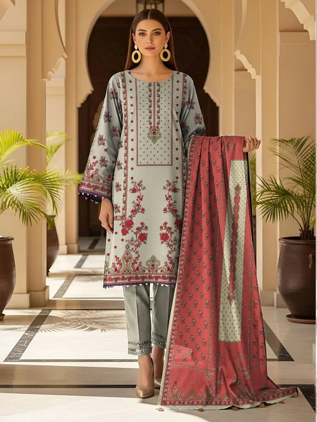 Pakistani Embroidered Kurta Set with Red Dupatta