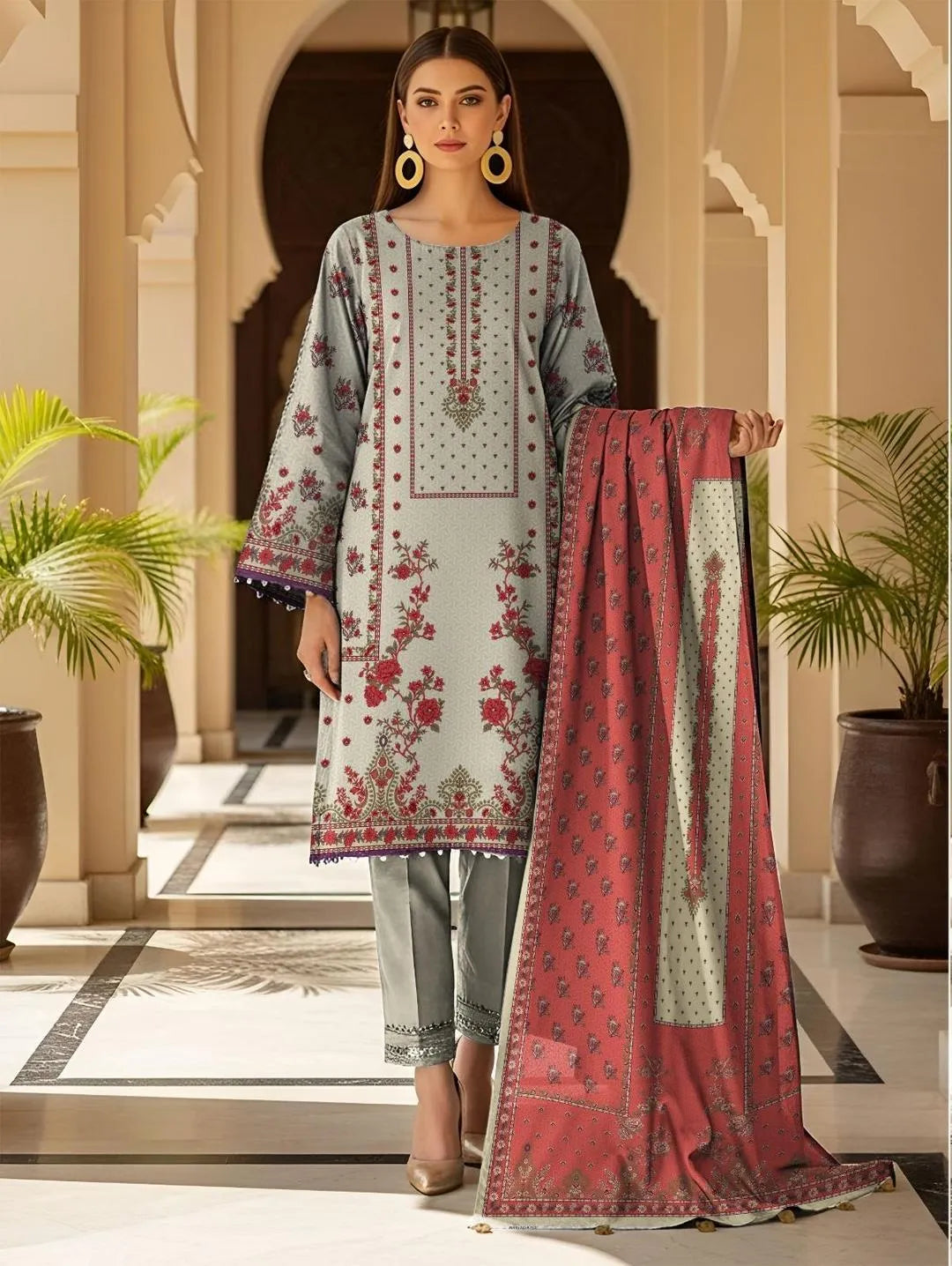 Pakistani Embroidered Kurta Set with Red Dupatta