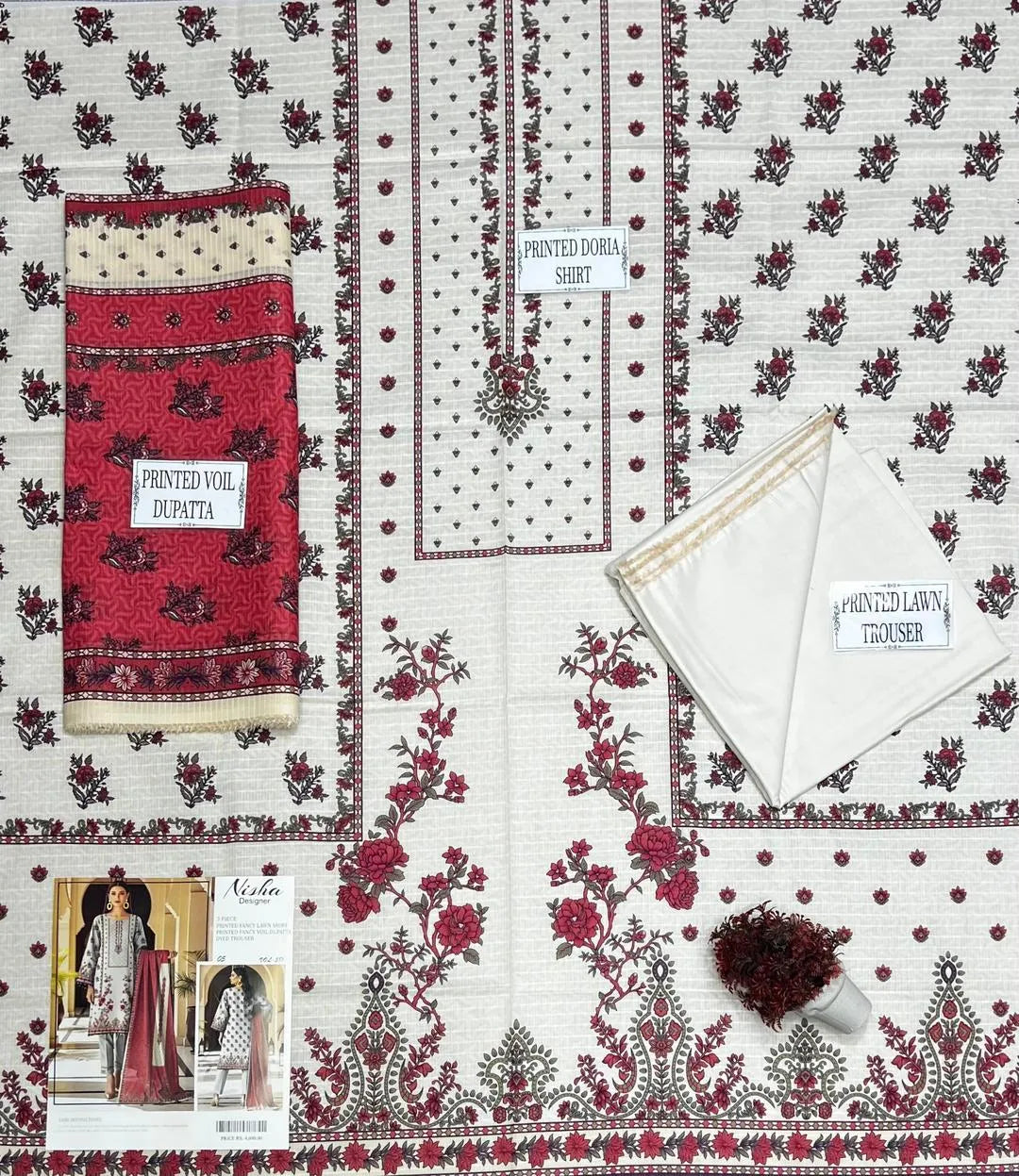 Pakistani Embroidered Kurta Set with Red Dupatta