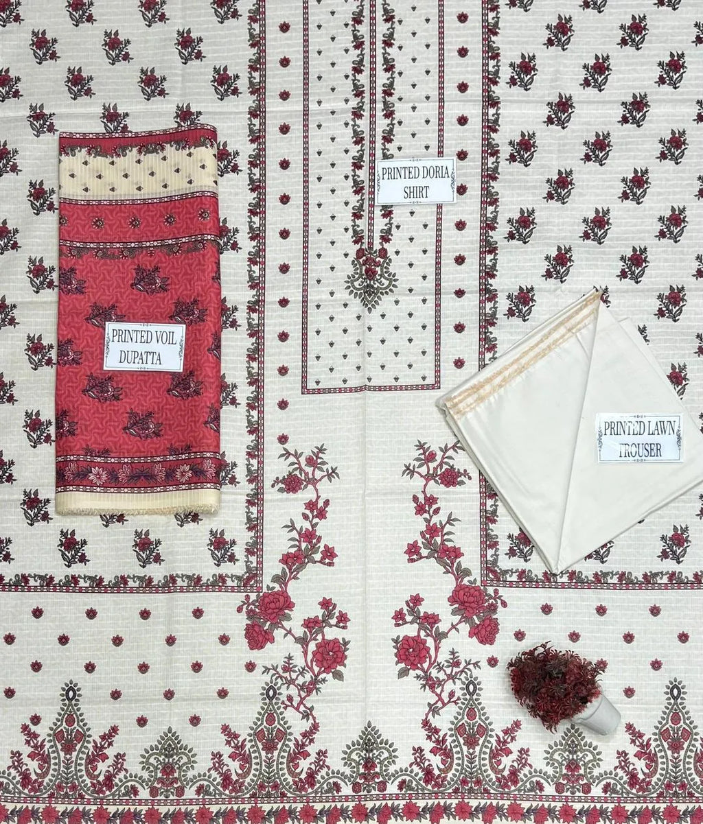 Pakistani Embroidered Kurta Set with Red Dupatta