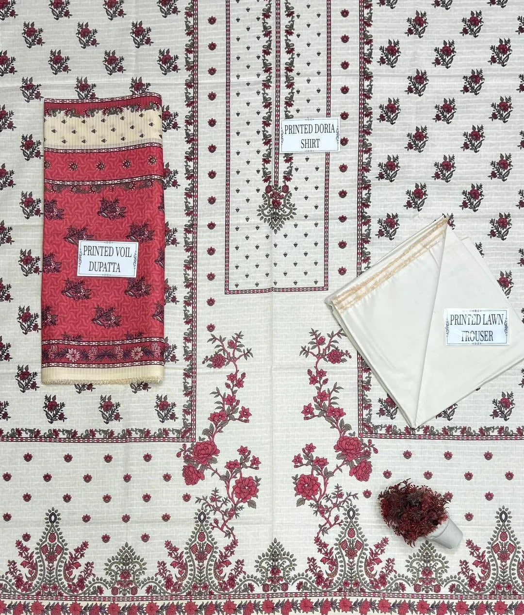 Pakistani Embroidered Kurta Set with Red Dupatta