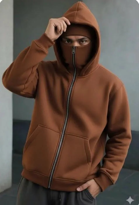 Brown Fleece Zipper Hoodie for Men Winter Wear