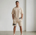Men Dri Fit Printed Track Suit Beige Slim Fit 2 Pcs