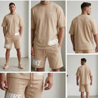 Men Dri Fit Printed Track Suit Beige Slim Fit 2 Pcs