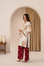 White Embroidered Cotton Kurta Set with Maroon Arabic Lawn Trouser