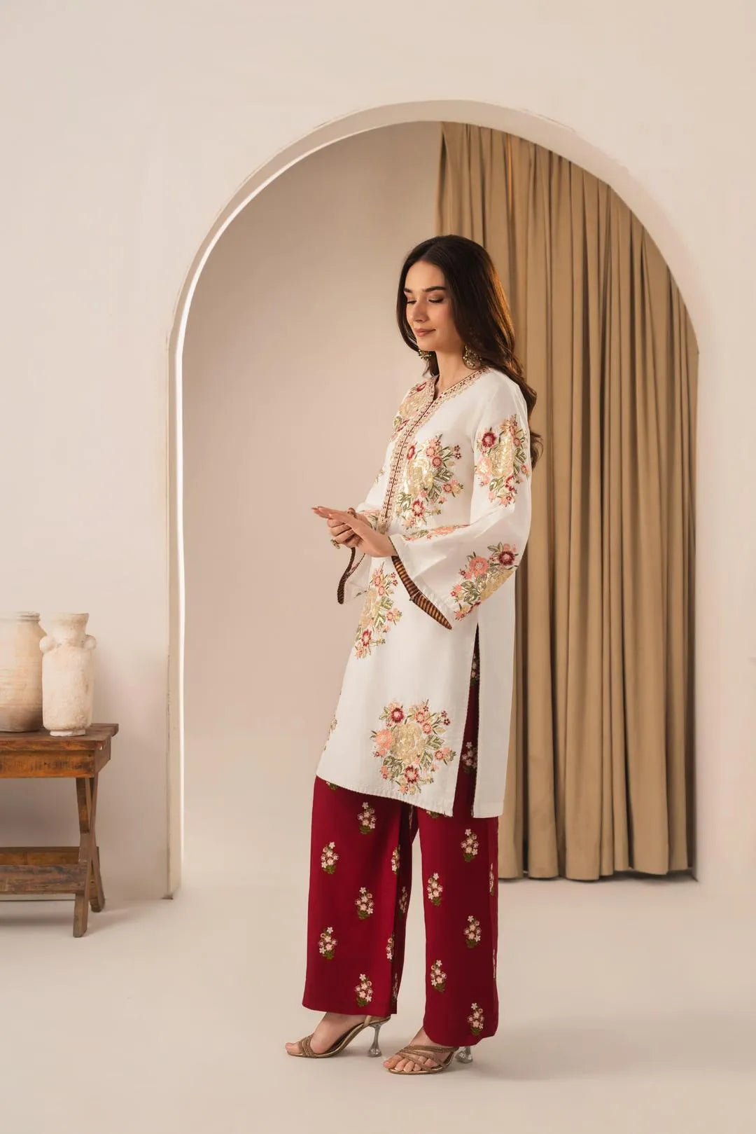 White Embroidered Cotton Kurta Set with Maroon Arabic Lawn Trouser