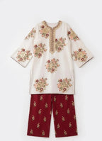 White Embroidered Cotton Kurta Set with Maroon Arabic Lawn Trouser