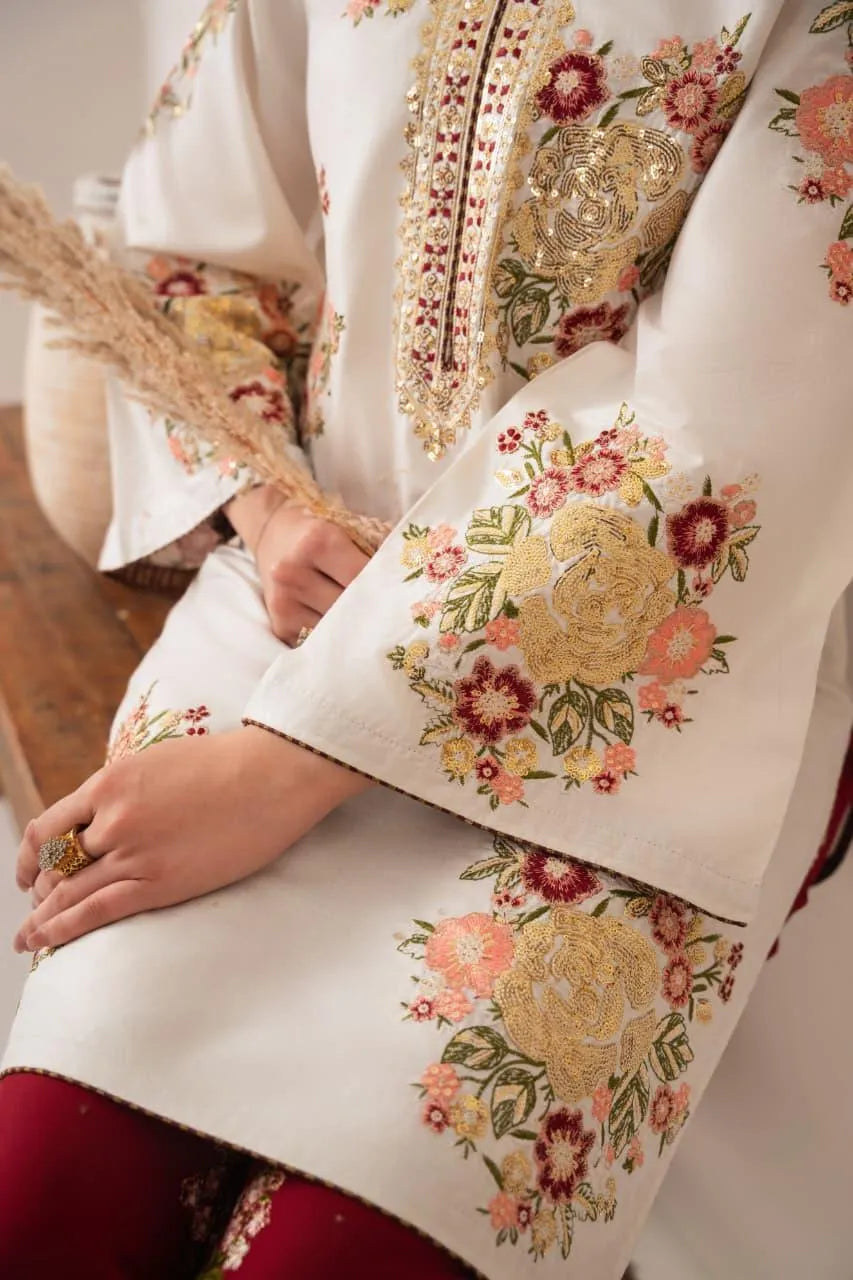 White Embroidered Cotton Kurta Set with Maroon Arabic Lawn Trouser