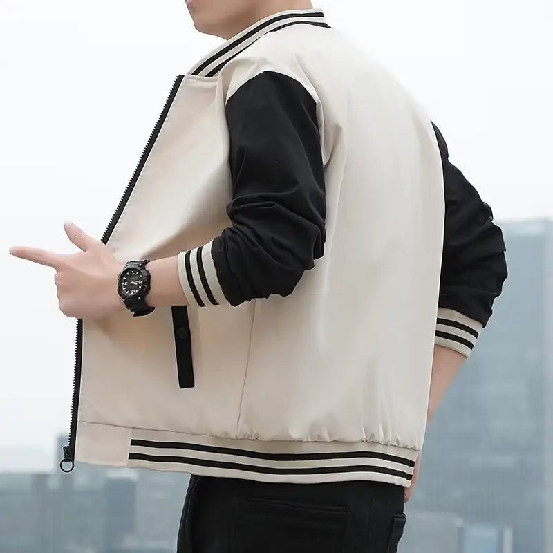Men's Black & Beige Baseball Jacket Autumn Long Sleeve Zipper