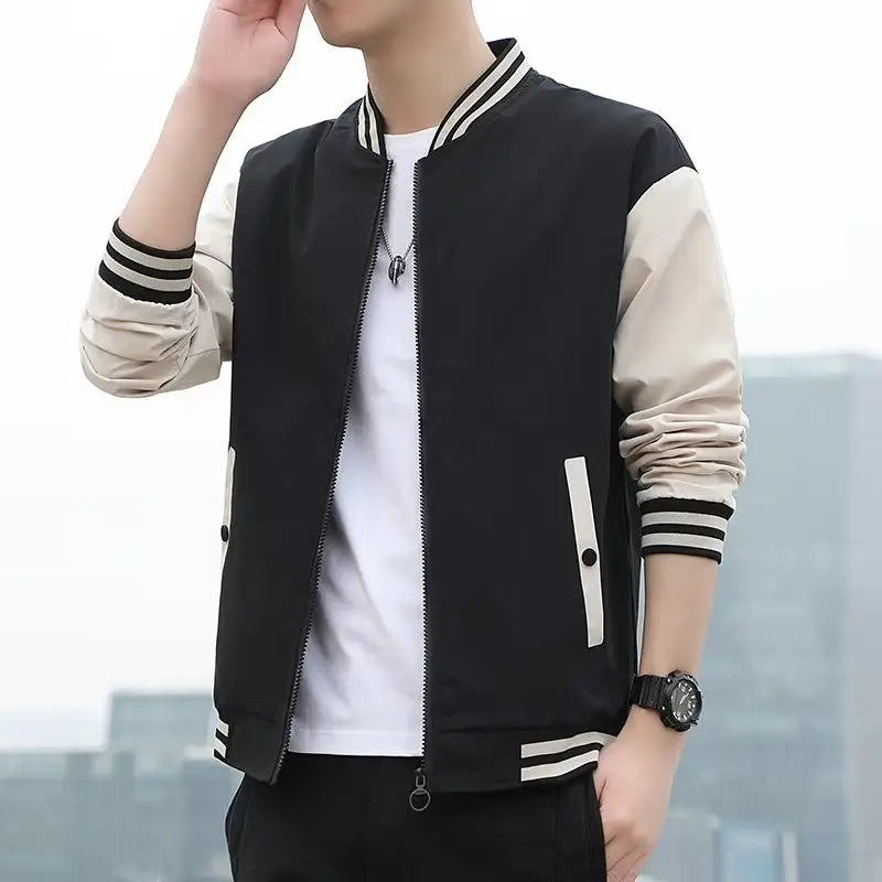 Men's Black & Beige Baseball Jacket Autumn Long Sleeve Zipper