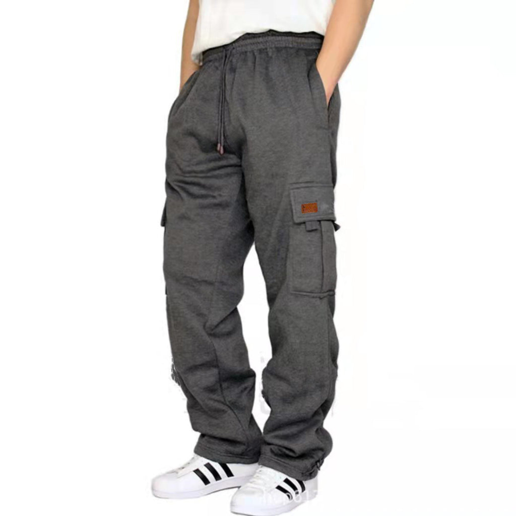 Men Black Fleece Cargo Pants Loose Fit Ankle Tied