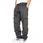 Men Black Fleece Cargo Pants Loose Fit Ankle Tied
