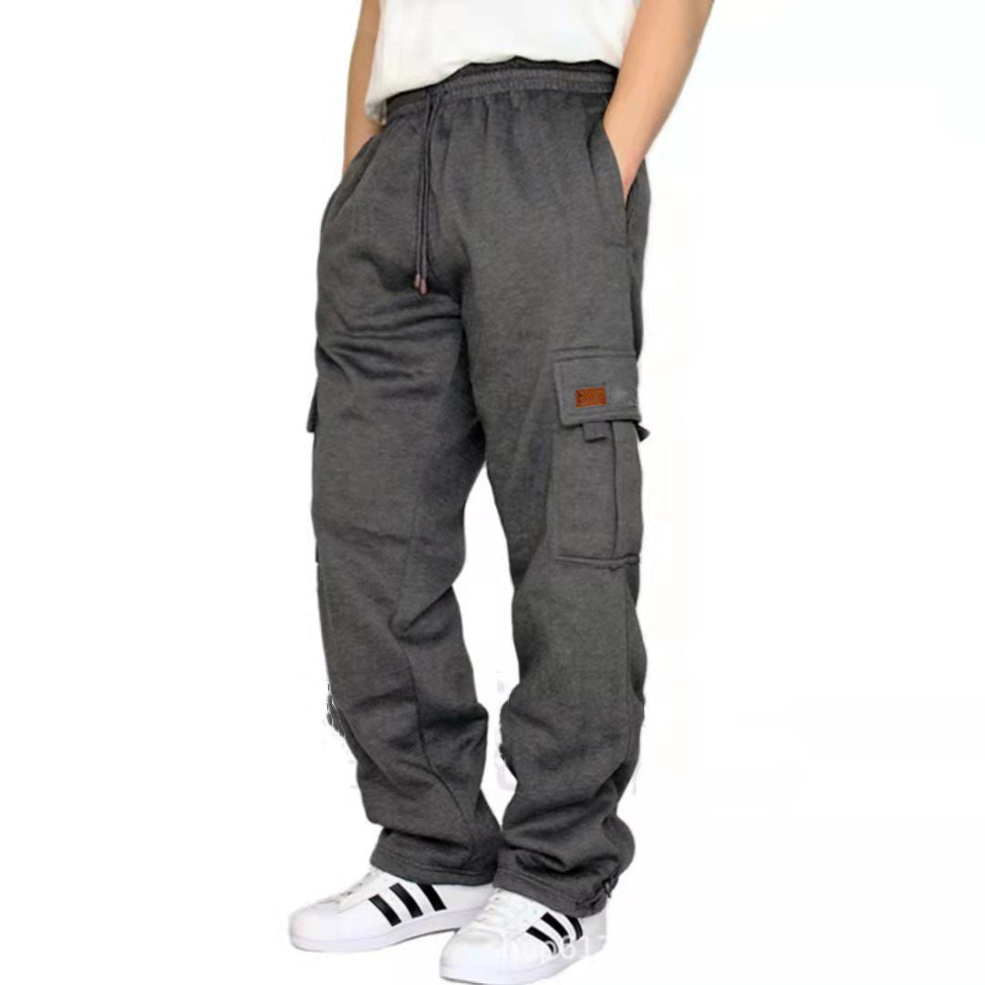 Men Black Fleece Cargo Pants Loose Fit Ankle Tied