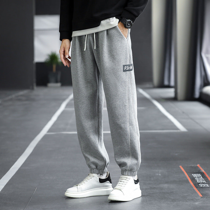 Men Fleece Sweatpants Gray Loose Winter Casual Ankle Tied