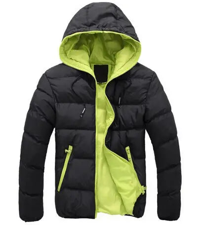 Men Hooded Cotton Padded Jacket Black Lime Green