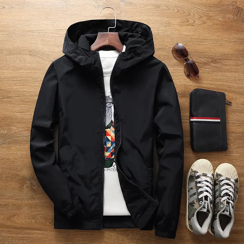 Men Black Casual Windbreaker Jacket Large Size Spring Fall