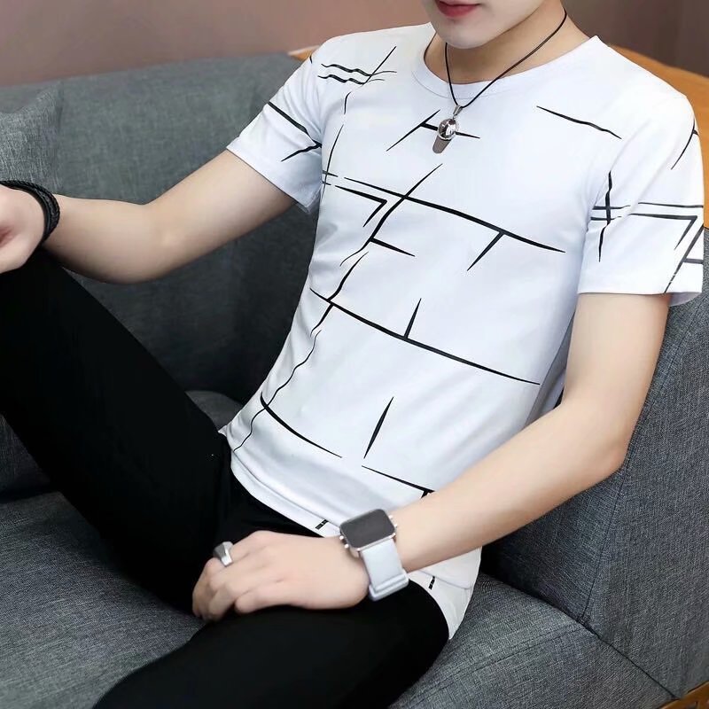 Men White Graphic Round Neck T-Shirt Summer Korean Style