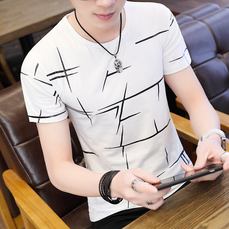 Men White Graphic Round Neck T-Shirt Summer Korean Style
