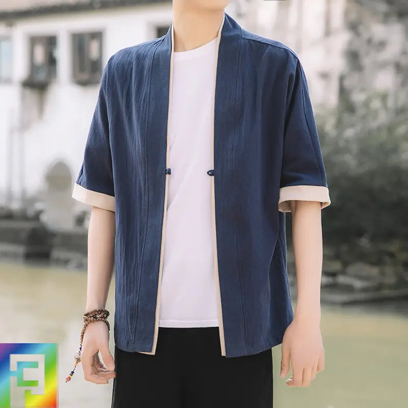 Men Blue Chinese Style Half Sleeve Tang Suit Jacket