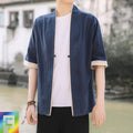 Men Blue Chinese Style Half Sleeve Tang Suit Jacket