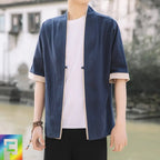 Men Blue Chinese Style Half Sleeve Tang Suit Jacket