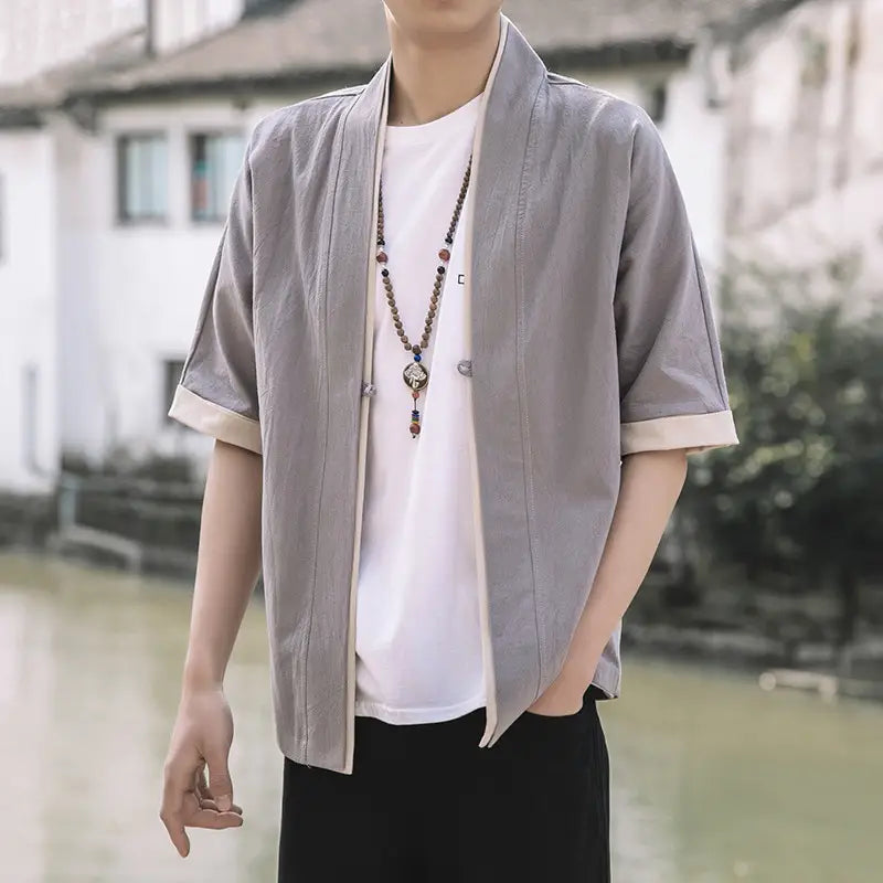 Men Blue Chinese Style Half Sleeve Tang Suit Jacket