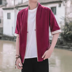 Men Blue Chinese Style Half Sleeve Tang Suit Jacket