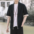 Men Blue Chinese Style Half Sleeve Tang Suit Jacket