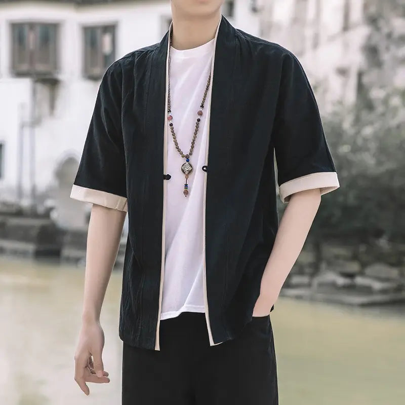 Men Blue Chinese Style Half Sleeve Tang Suit Jacket