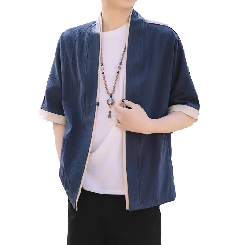 Men Blue Chinese Style Half Sleeve Tang Suit Jacket